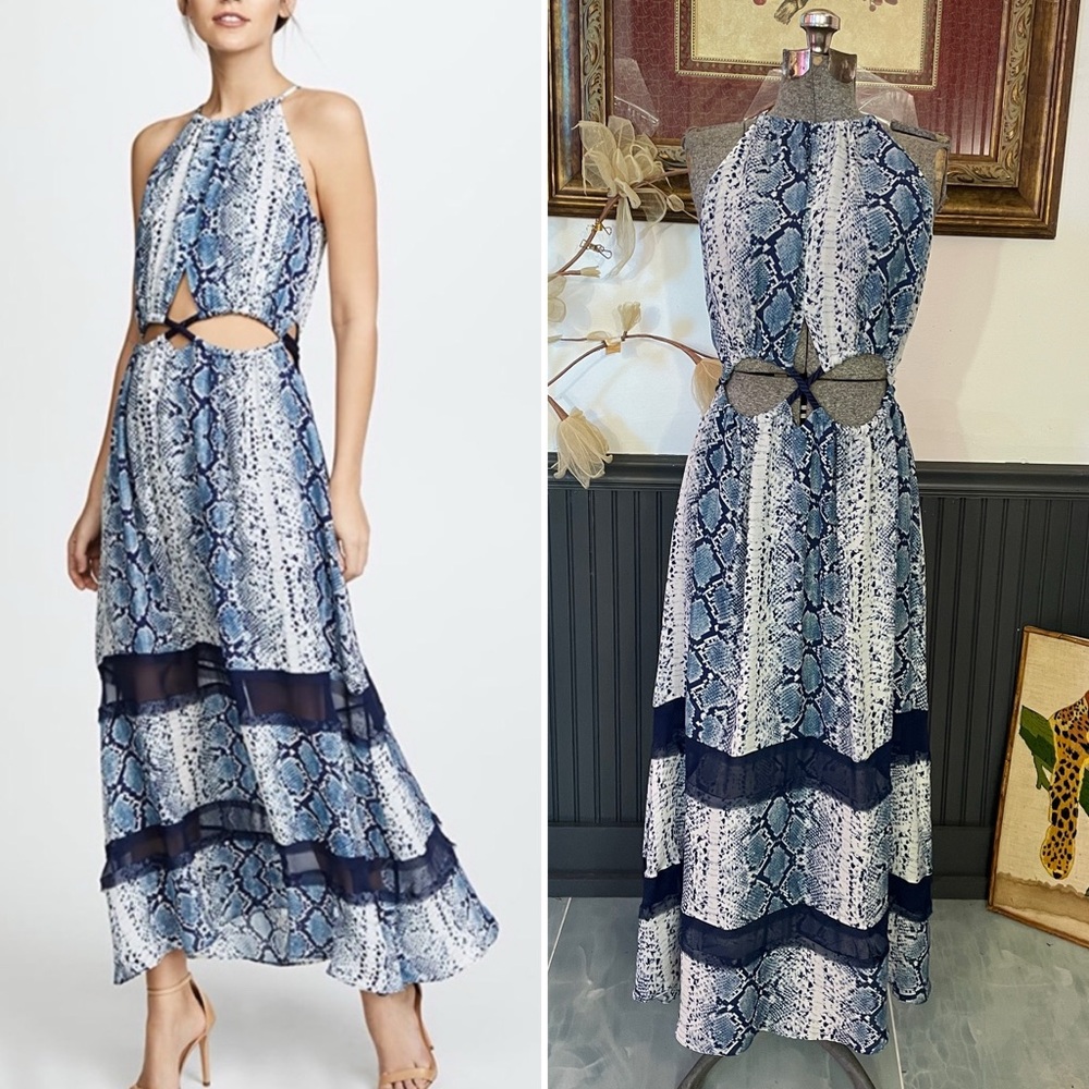 Ramy Brook Blue and Navy Snake-Print Cutout Maxi Dress